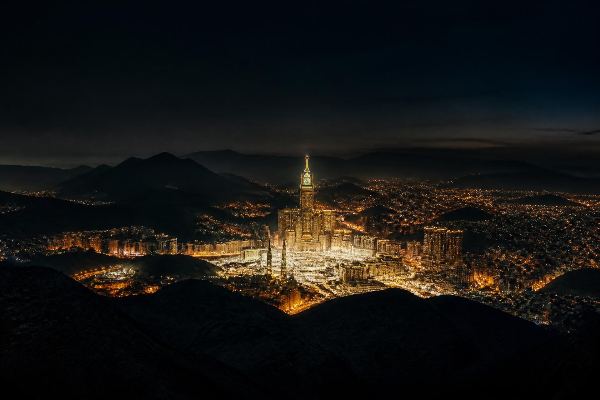 Makkah at night seen from the surrounding mountains